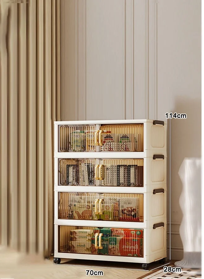 CozyNest 4-Tier Foldable Storage Cabinet with Double Doors and Wheels (70cm Wide, White) 5ubs4