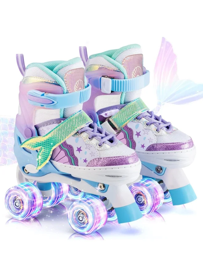 Zosudull Adjustable Roller Skates for Kids, Premium Mermaid Themed Inline Skates with Illuminating Wheels (Purple-Blue, Medium) 84nf8