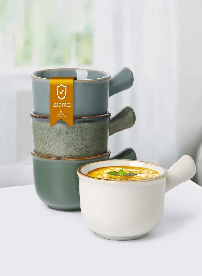 MONITO Ceramic French Onion Soup Bowls with Handles, Stackable Oven-Safe Soup Crocks for Cereal and Casseroles (475 mL) mheqk