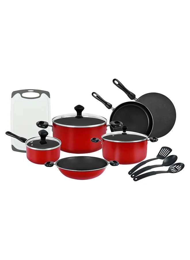 Classique Pro 17-Piece Non-Stick Aluminium Cookware Set with Kitchen Tools and Knife Block (Red, 17-Piece) 7yg4v