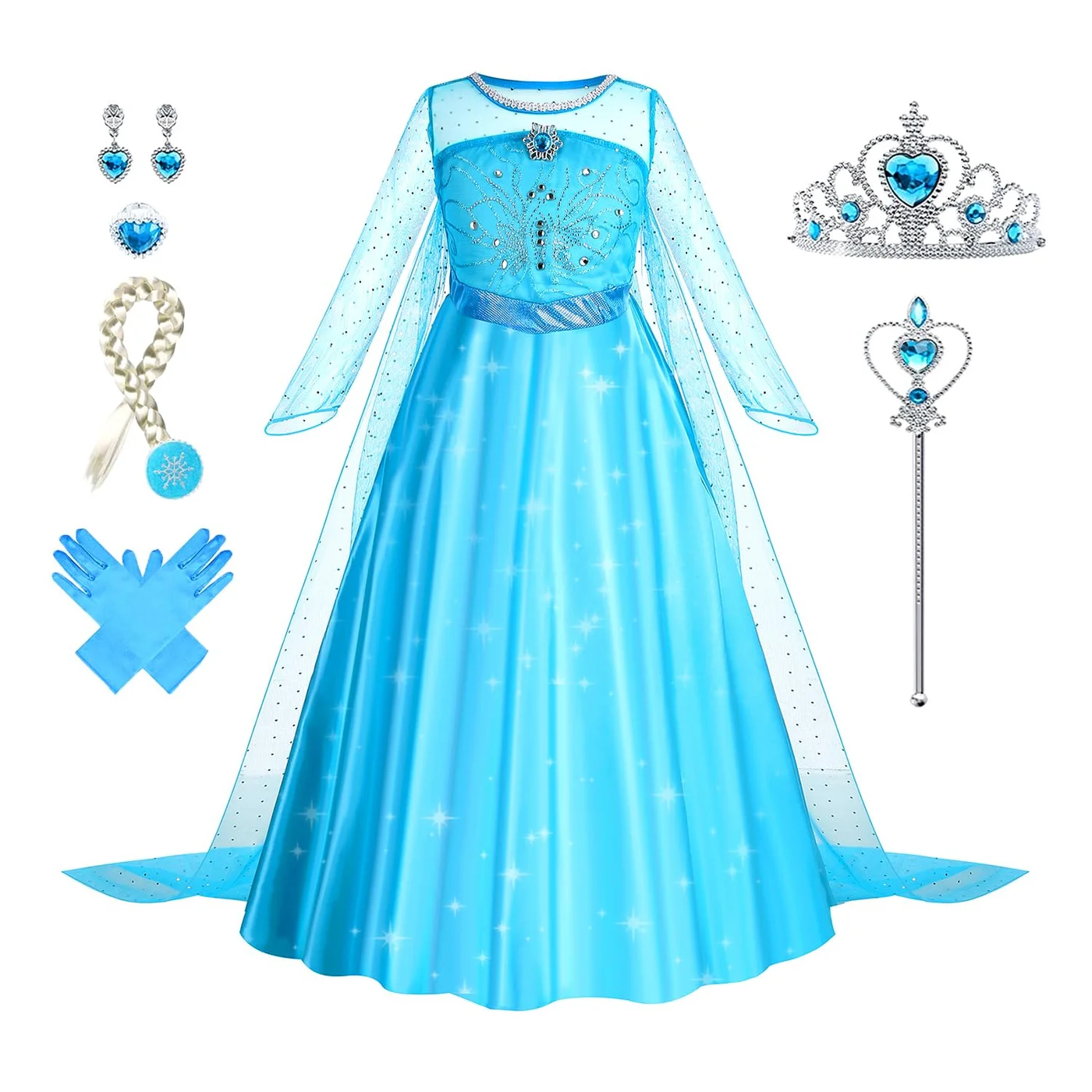 Premium Princess Costume Dress for Girls Snow Queen Inspired Fancy Outfit for Birthday Party and Cosplay (Blue, 120 cm) xdgbc