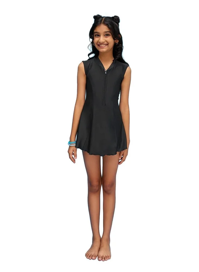 LYCOT Girls A-Line Swimwear Front Zip High Neck Plain Swimsuit (Black, Kids) dpnk8