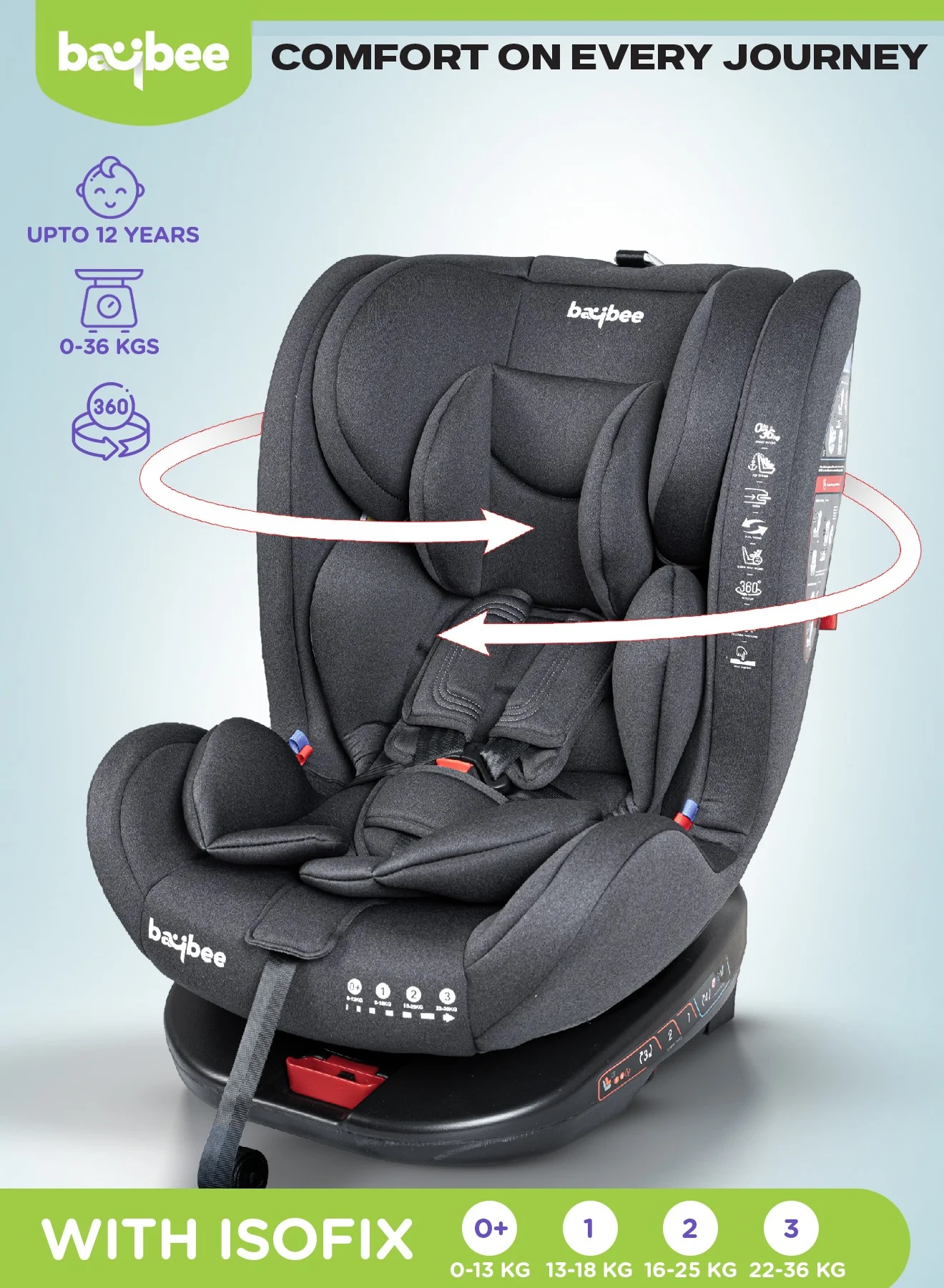 BAYBEE Convertible Baby Car Seat 360¡ã Rotatable ISOFIX Safety Certified (Black, 0-36 kg) zwyr2