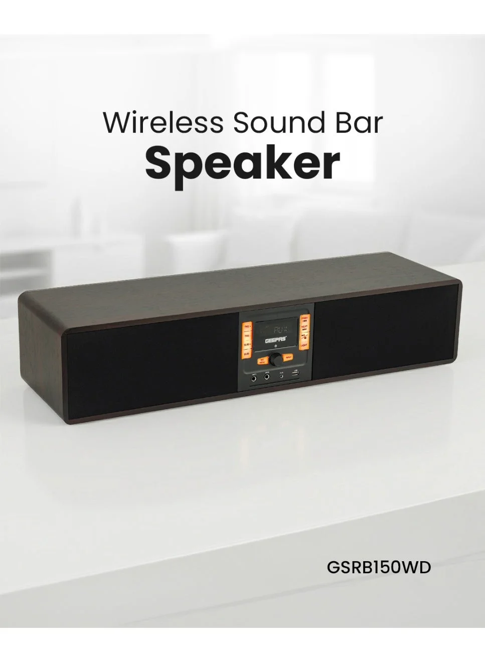Geepas Wireless Sound Bar 200W Bluetooth Speaker System with LED Display and Remote Control (Black/Wooden Finish) bsgan