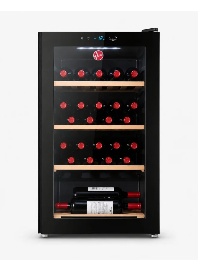 HOOVER Beverage Cooler Wine Fridge with Wooden Racks and UV Protection Door (Black, 34-Bottle Capacity, 25.5 L) wlhc7