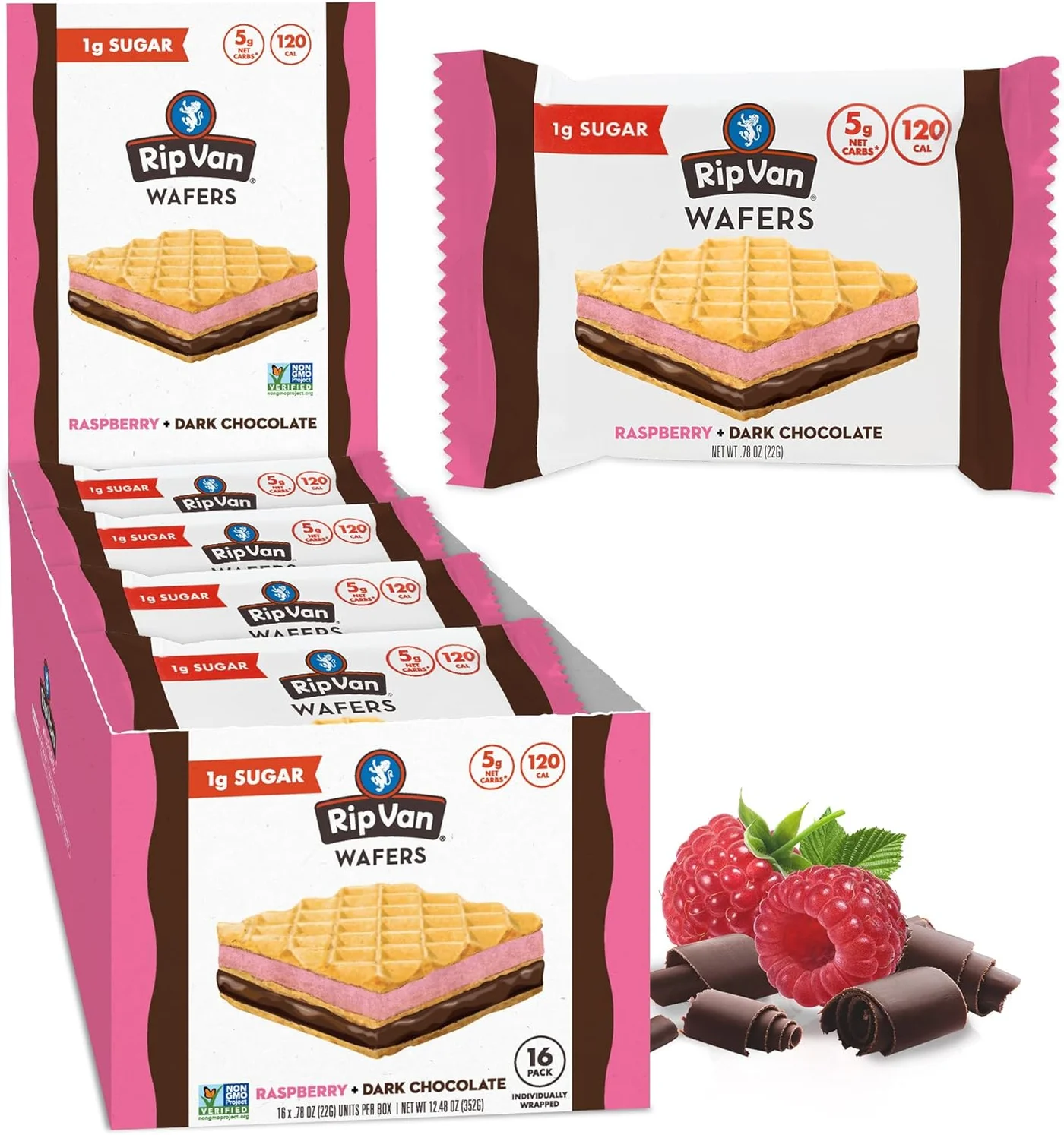 Rip Van Wafels Raspberry & Dark Chocolate Wafers (Low Sugar, Keto-Friendly Snack, 16 Pack) t5btg