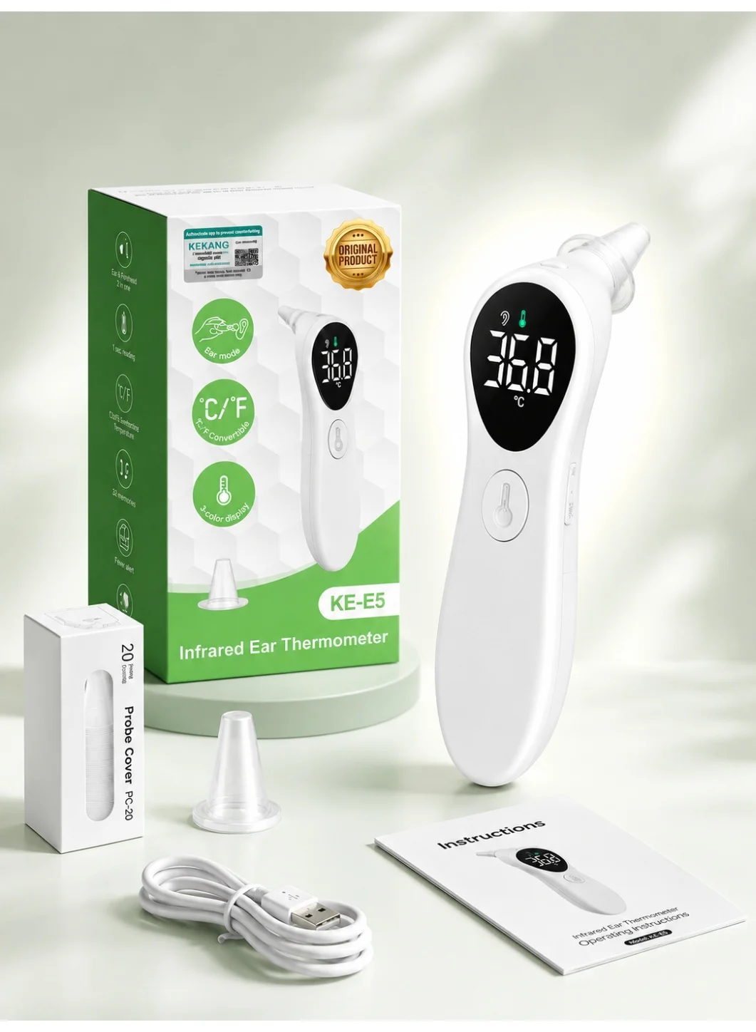 RUKYU Infrared Ear & Forehead Thermometer Digital Non-Contact Temperature Reader with LCD Display (Rechargeable, For Babies Kids and Adults) 51kjb