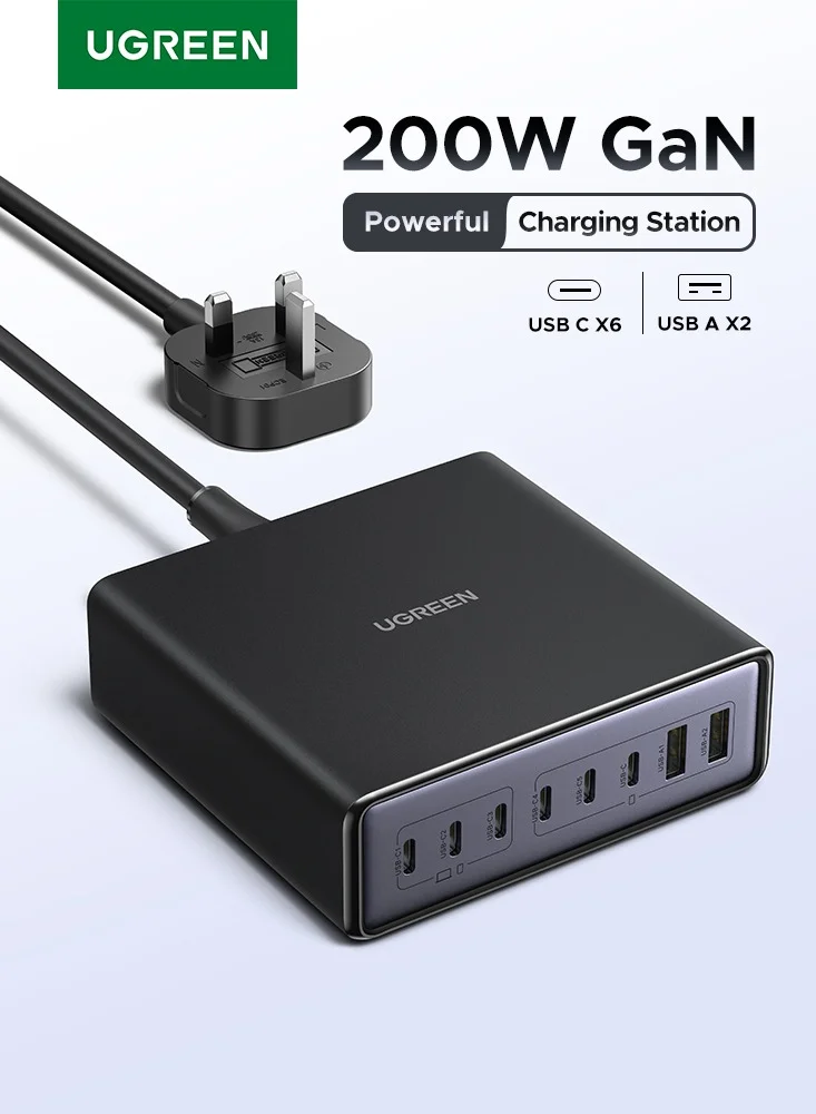 Premium 200W GaN Desktop Charging Station 8-Port USB Type-C Fast Charger Hub (Black, 200W) sgeqq