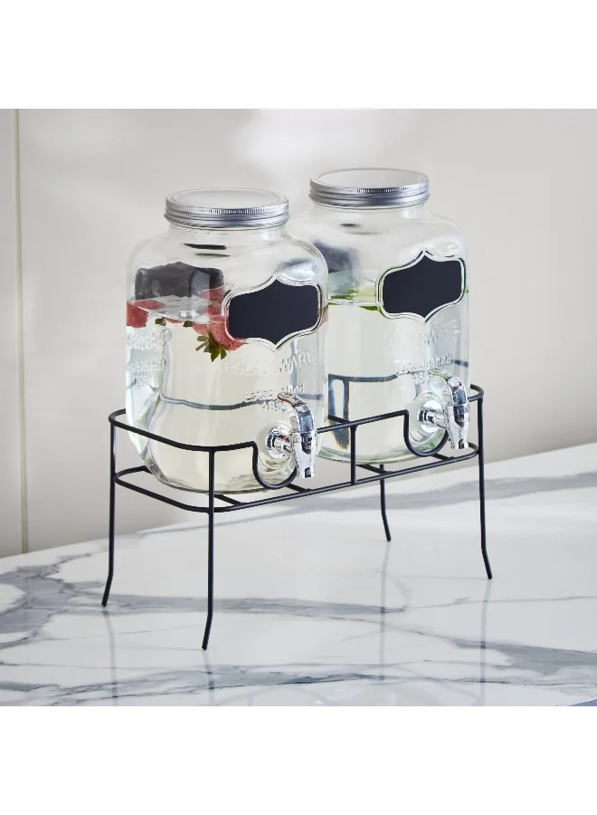 Home Box Twin Glass Beverage Dispenser Set with Metal Stand (Clear, 4 L) 39wv0