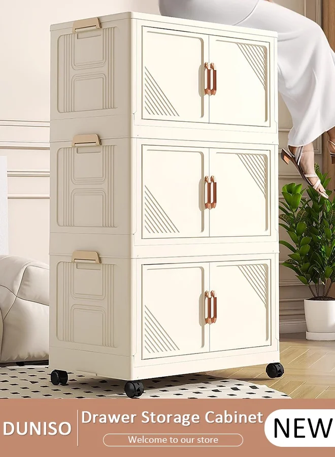 DUNISO 3-Tier Foldable Storage Organizer with Lids and Wheels Premium Stackable Plastic Bin for Home and Office (50cm Wide) lo0ov