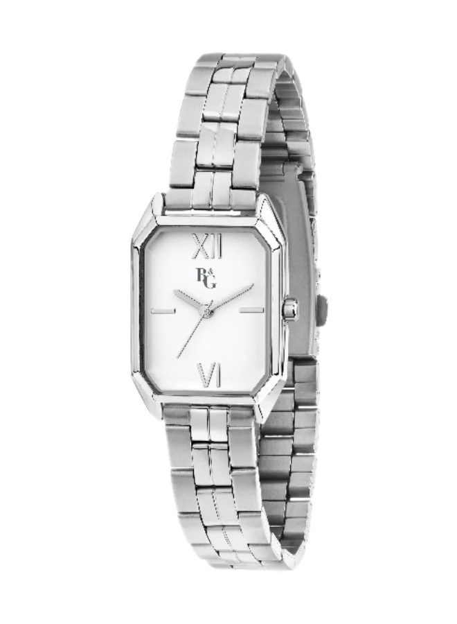 B&G Women's Rectangular Analog Watch with Silver Stainless Steel Band (White, 36mm) juu69