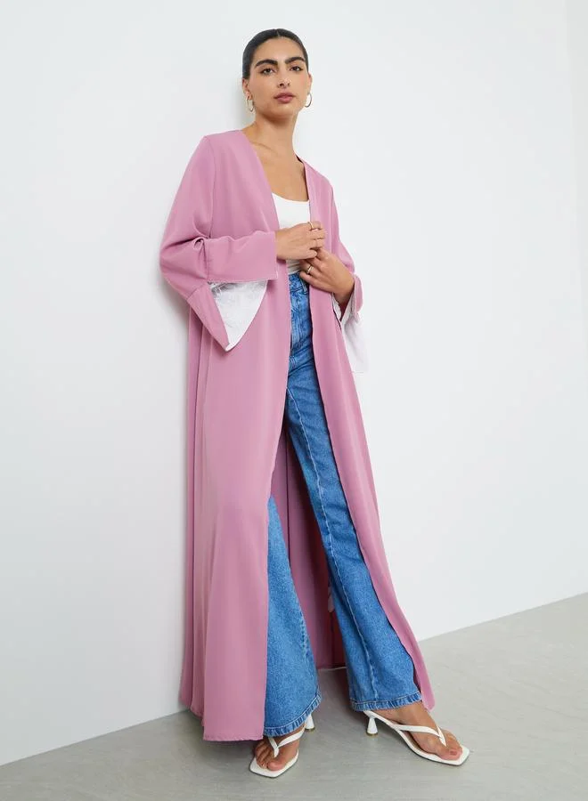Amirah Open Front Abaya with Contrast Slit Sleeves (Pink, One Size) ojglo