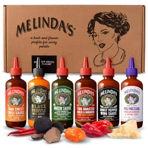 Melindas Craft Pepper Sauce and Condiment Gift Set (6 Pack, 355 mL) Premium Spicy Variety Pack for Gourmet Cooking katlm