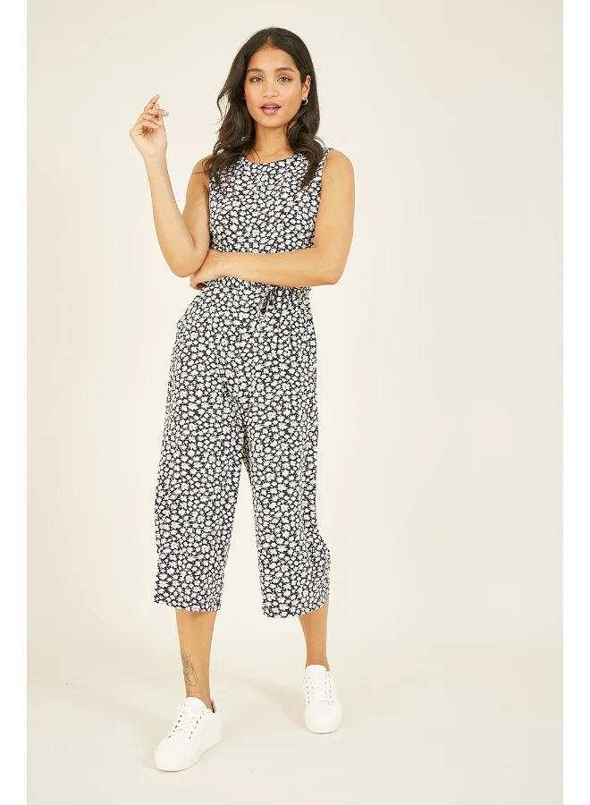 MELA LONDON Ditsy Daisy Culotte Jumpsuit Floral Print Wide Leg Romper (Black, Medium) nehu9