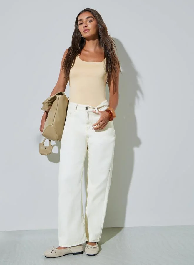 Styli Wide Leg Denim Jeans with Functional Pockets (Cream, Size M) xnqav