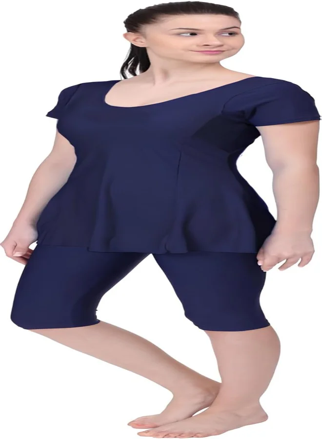 Reoutlook Women Half Sleeve One Piece Swimsuit with Capri Leggings Premium Modest Swimwear (Navy Blue, Medium) 8imci