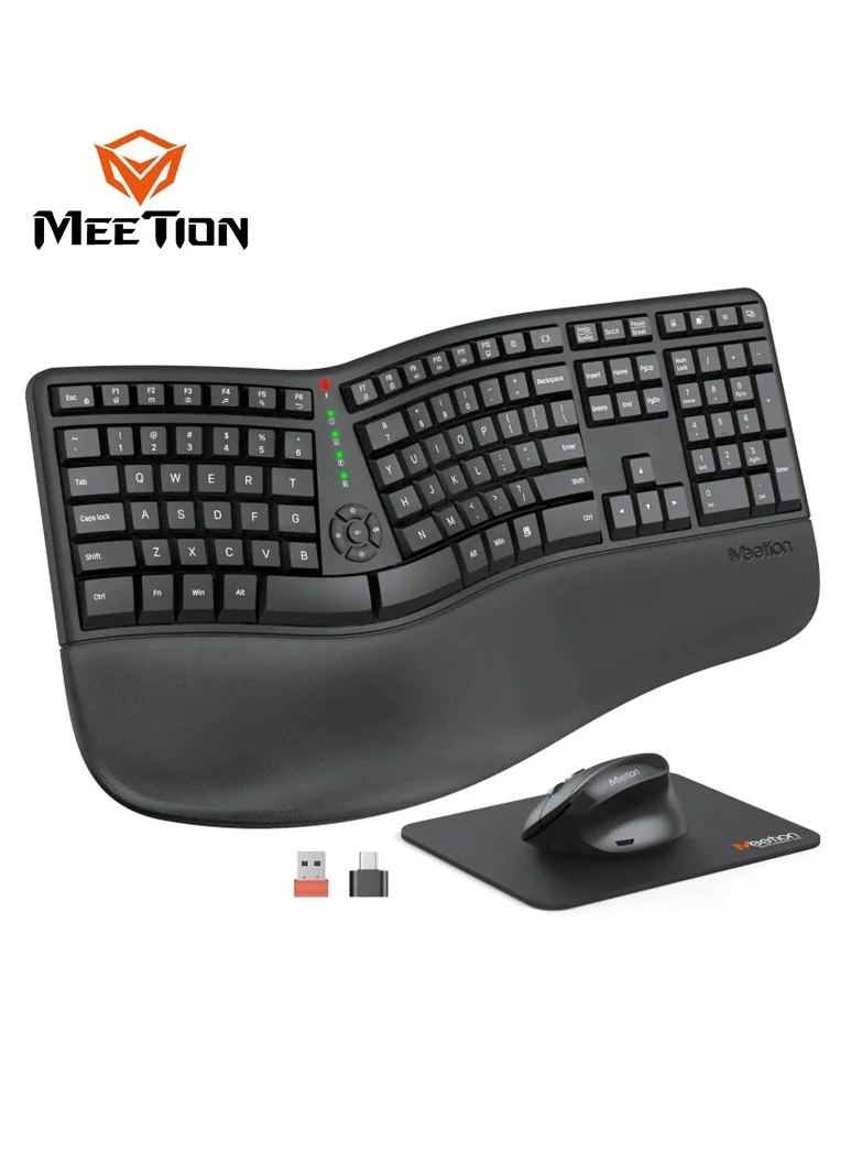 Meetion Ergonomic Wireless Keyboard and Vertical Mouse Combo (Split Arch Design, Cushioned Wrist Rest, Rechargeable, English+Arabic Layout, Black) m52bf