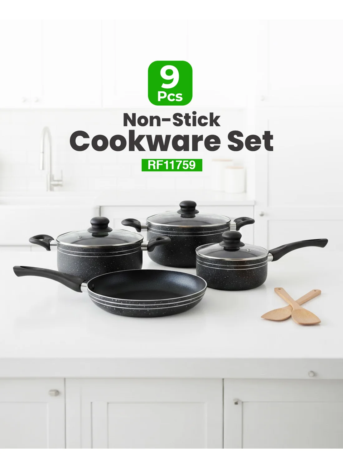 Royalford Ritz 9-Piece Non-Stick Cookware Set Aluminum Pots and Pans with Glass Lids and Bamboo Utensils (Black, 9-Piece Set) 3vyue
