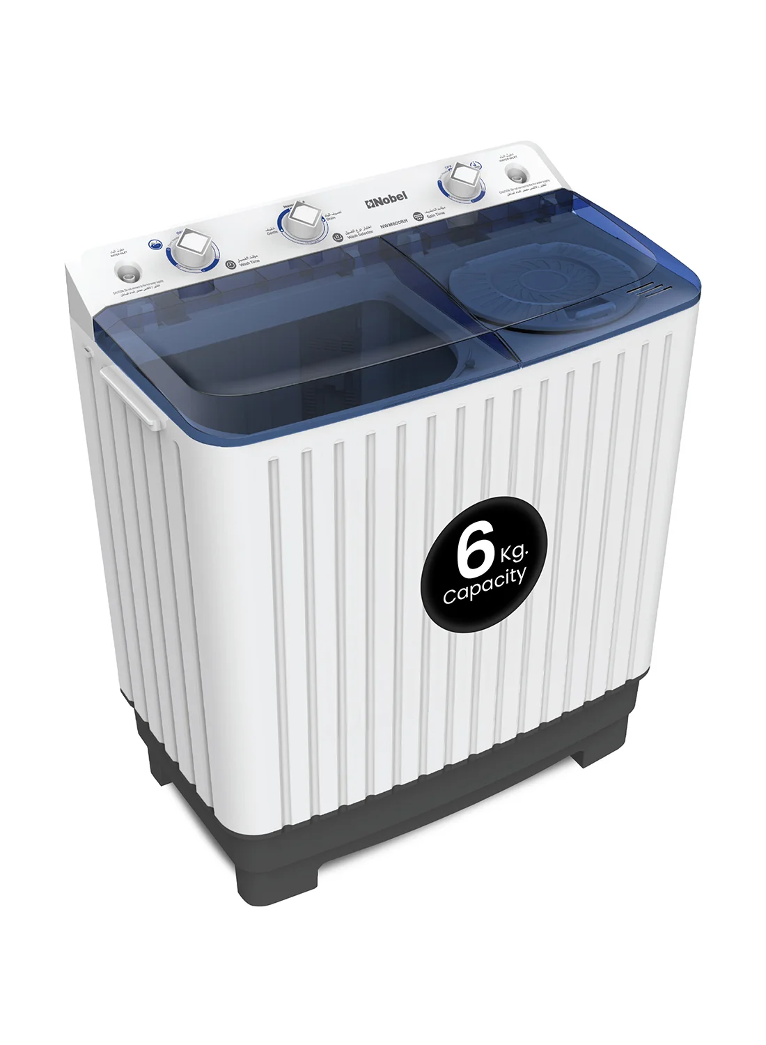Nobel Twin Tub Washing Machine (6kg Wash / 4.5kg Spin Capacity) High-Efficiency Laundry Appliance with Air Drying and Transparent Blue Cover iuyv4