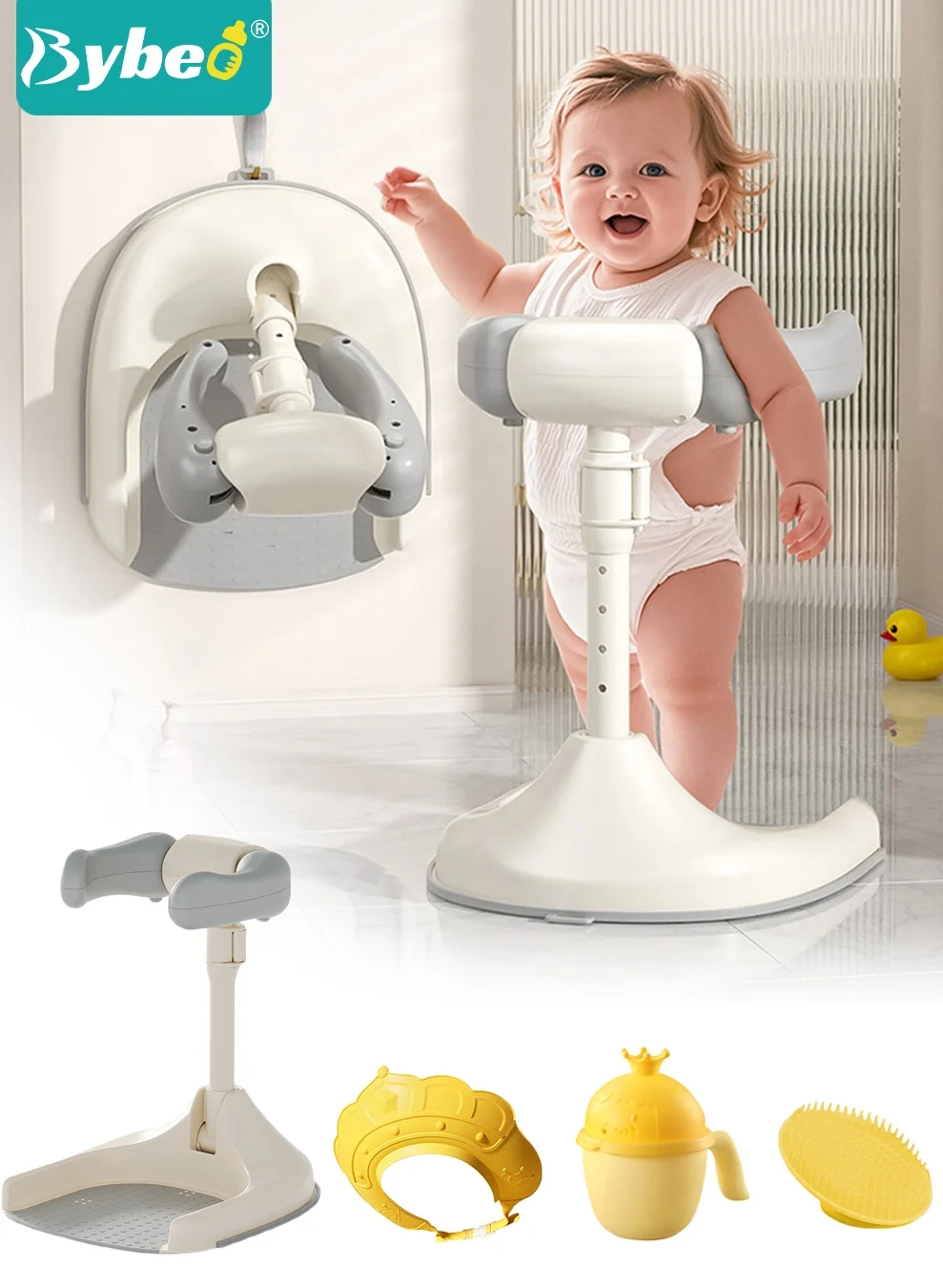 Bybeo Baby Bath Support Set, Foldable Infant Bathtub Chair with Anti-Slip Base, Adjustable Shower Helper with Accessories (4 Pieces) fxsqr