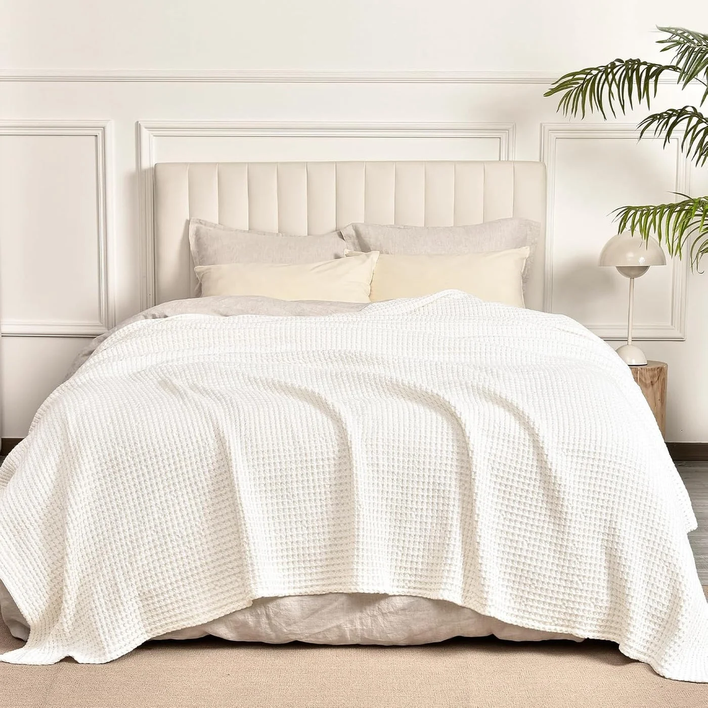 PHF Washed Cotton Waffle Weave Blanket Premium Breathable Bedspread for All Seasons (Coconut White, 230cm x 230cm) 0ulfx