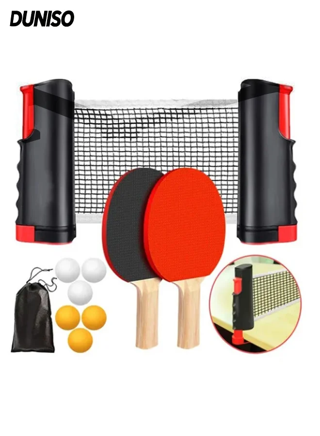 DUNISO Table Tennis Paddle Set with Retractable Net, 2 Professional Rackets and 6 Balls (Portable Indoor Outdoor Sport Kit) 24azm
