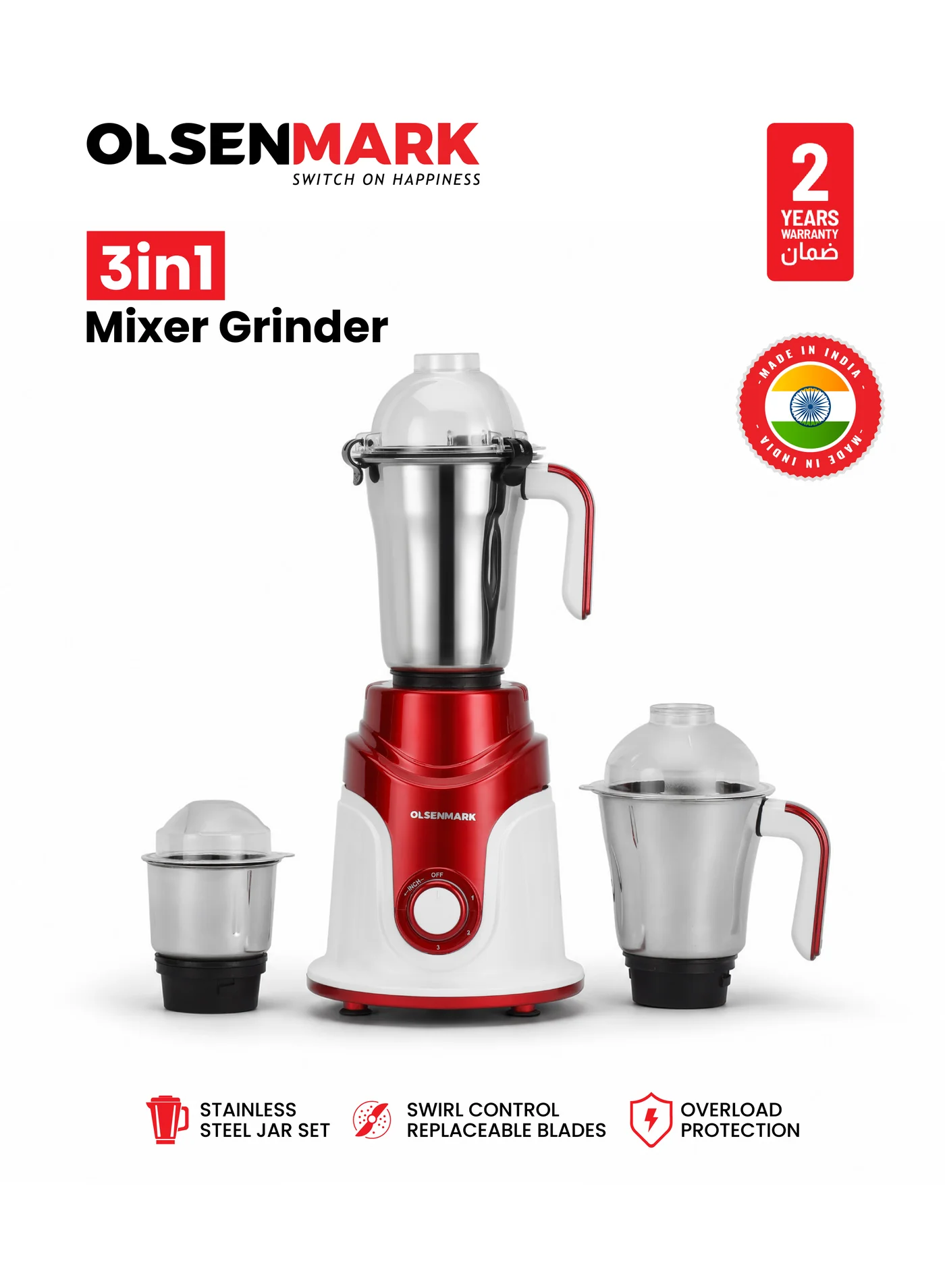 Olsenmark 3-in-1 Mixer Grinder and Juicer with Stainless Steel Jars, 750W Powerful Motor, 3 Speed Control (Multicolour, 3 Jars) 3ono4