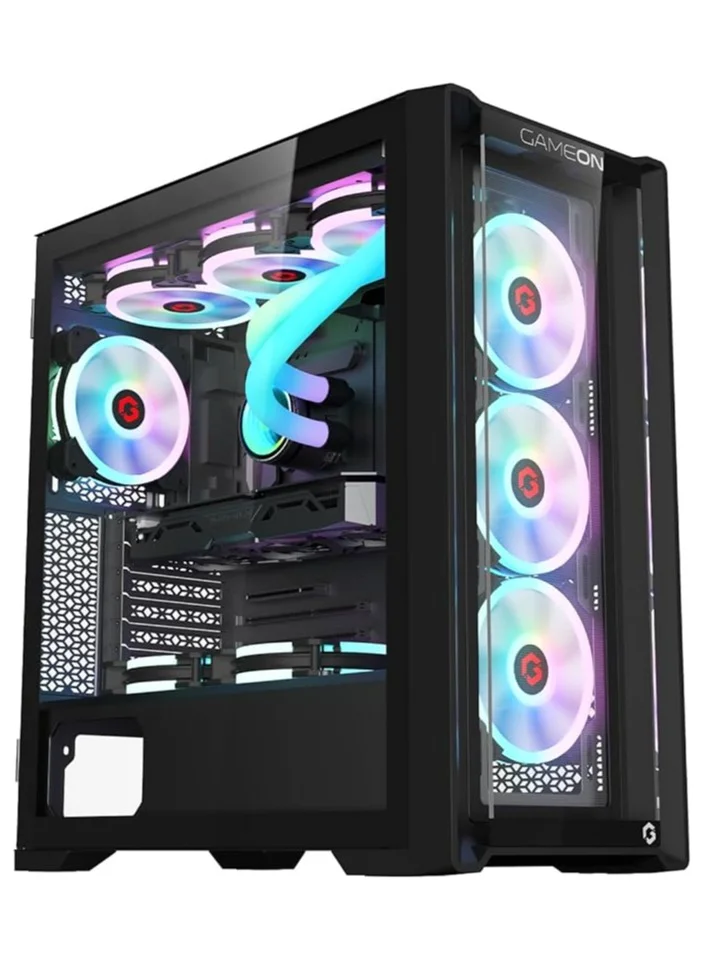 GAMEON Vortex Midnight Mid Tower PC Gaming Case (Black, 0.8mm Tempered Glass) with 4 Pre-installed RGB Fans and Dust Filters l94oa