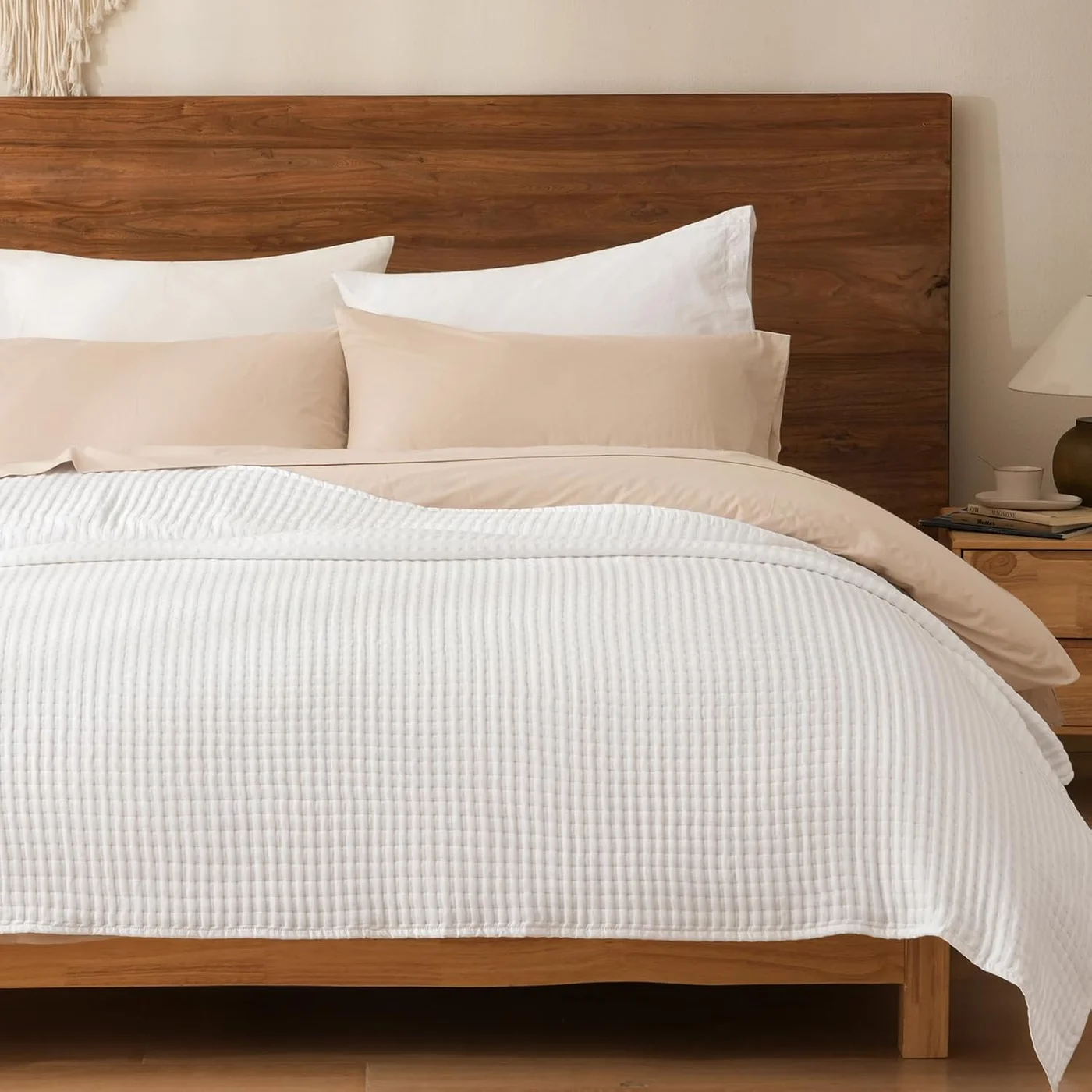 PHF Waffle Weave Throw Blanket Premium Cotton Blend Soft Breathable Decorative Bed Sofa Cover (Coconut White, 127cm x 152cm) nyu4s