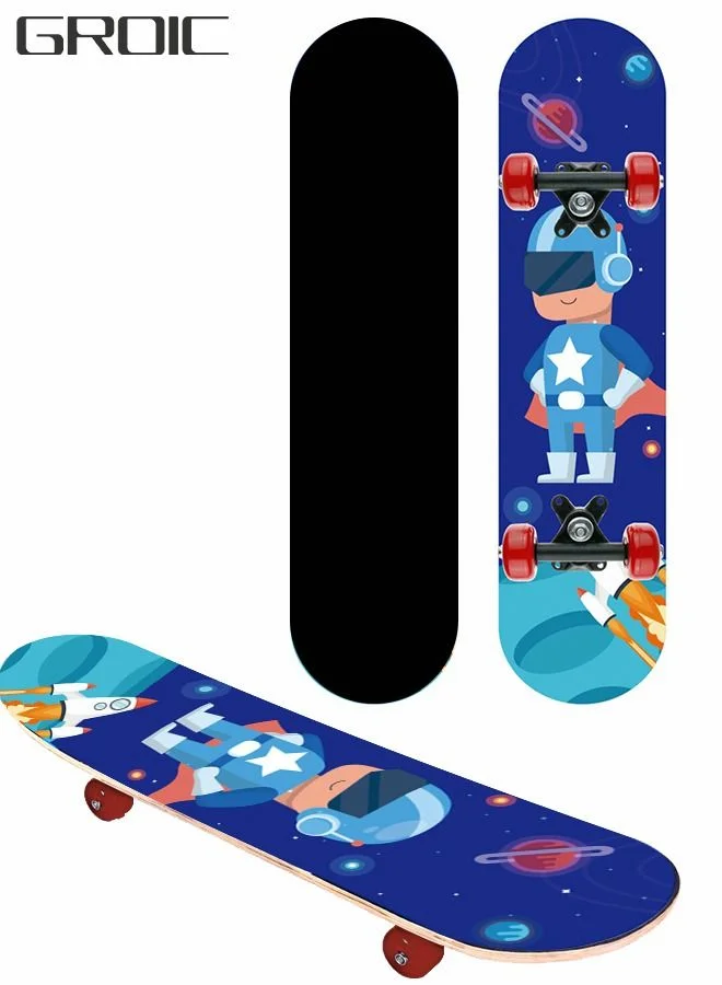 GROIC Four-Wheel Skateboard Space Theme Double-Sided Pattern Professional Deck for Kids and Youth (Medium, 79 cm) 96511