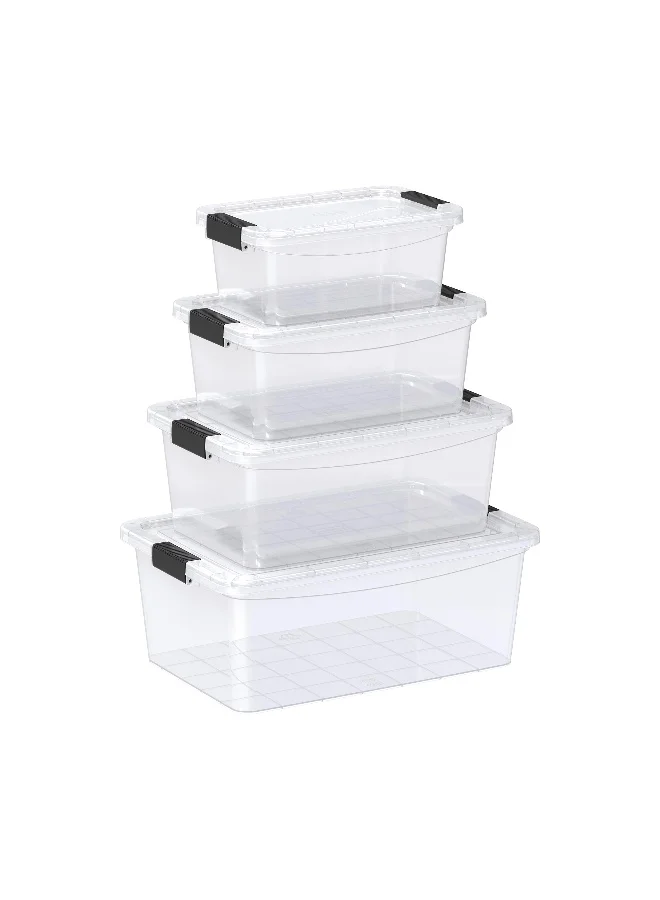 Cosmoplast Clear Plastic Storage Box Set with Lockable Lids (4-Piece Set, 5L 8L 13L 20L) mrrxf
