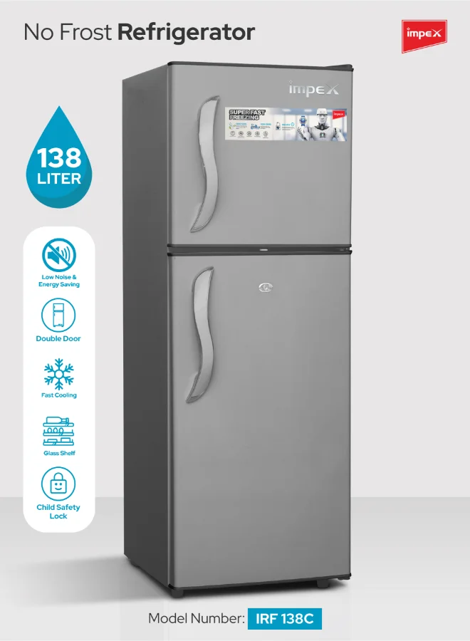 Impex Double Door Refrigerator, No Frost Inverter Fridge with 128L Net Capacity, Fast Cooling System, Glass Shelves, Safety Lock (Dark Grey, 128L) yg1br
