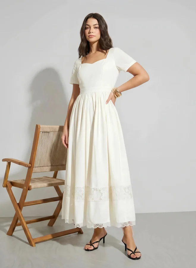 Styli A-Line Maxi Dress with Lace Insert Detail (White, One Size) p49tf