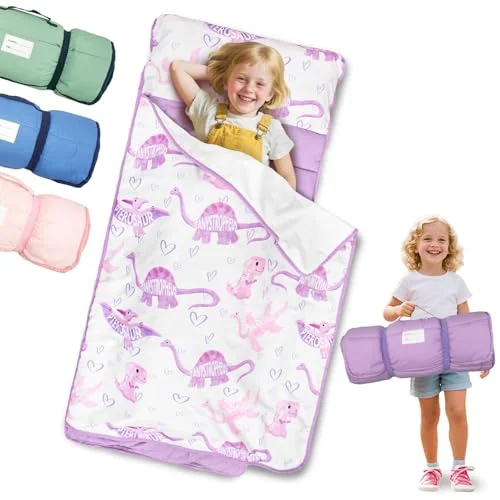Primlect Toddler Nap Mat with Removable Pillow and Fleece Blanket (130cm x 79cm) Portable All-in-One Sleeping Bag for Daycare and Travel b4uqa