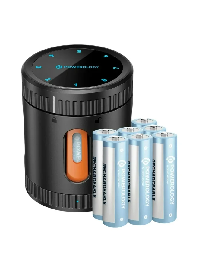 Powerology Smart Battery Charging Case with 8 Rechargeable AA Batteries, 8-Slot USB-C Fast Charger, LED Display, High-Capacity Power (3600mWh, 8-Pack) 428ox
