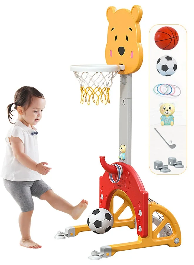 Eoptify 5-in-1 Kids Sports Activity Center Adjustable Basketball Stand with Football Goal Golf and Ring Toss Set (Multicolor) v79ue