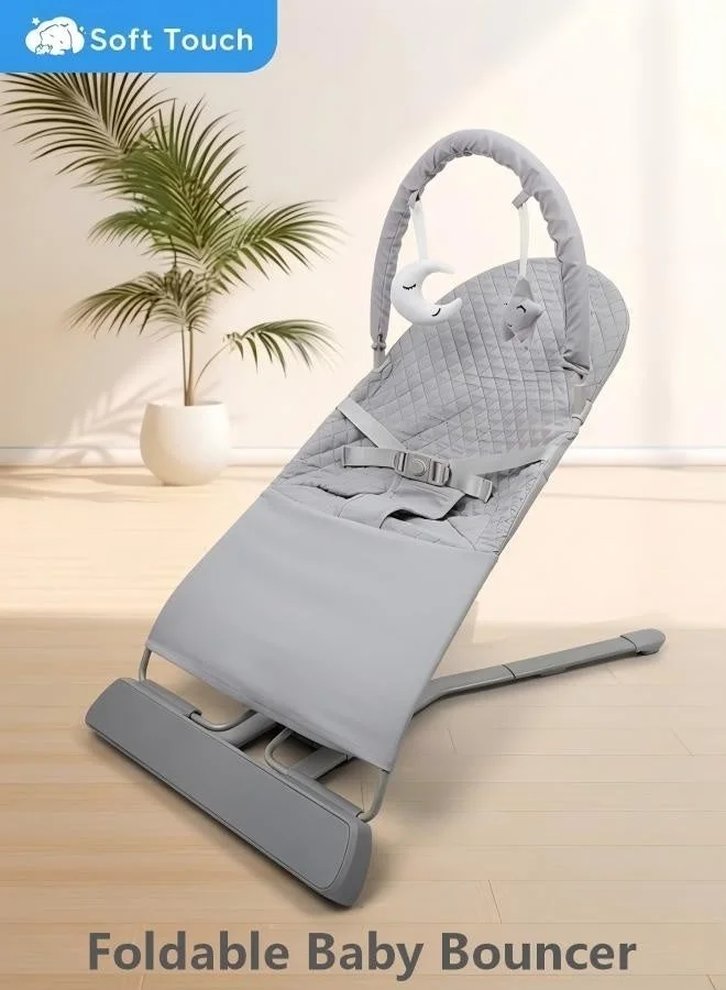 Soft Touch Baby Bouncer with Toy Arch and Music, Foldable Infant Rocker Seat with 2 Reclining Angles (For Newborns to 18 Months) 2mcix