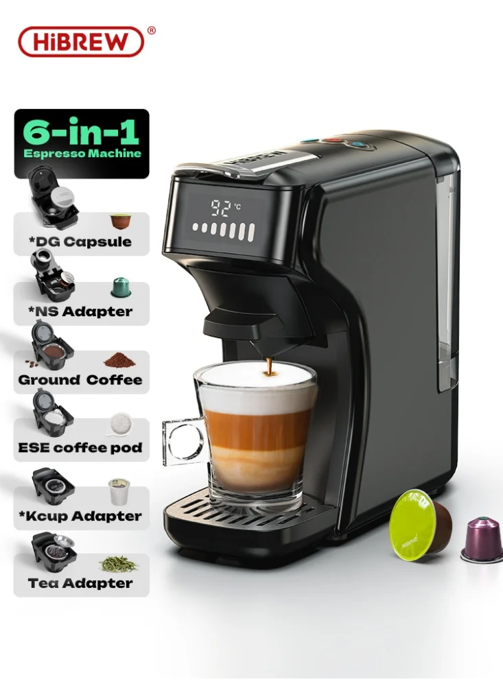Multi-Capsule Espresso Coffee Machine 6-in-1 System with 5 Adapters for Hot and Cold Brewing (Premium Black) q3czt