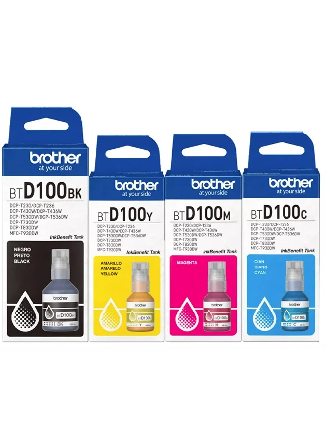 Premium Ink Tank Printer Refill Set BTD100 High Yield (Black 7500 Pages, Cyan/Yellow/Magenta 5000 Pages Each, 4-Pack) u8dsh