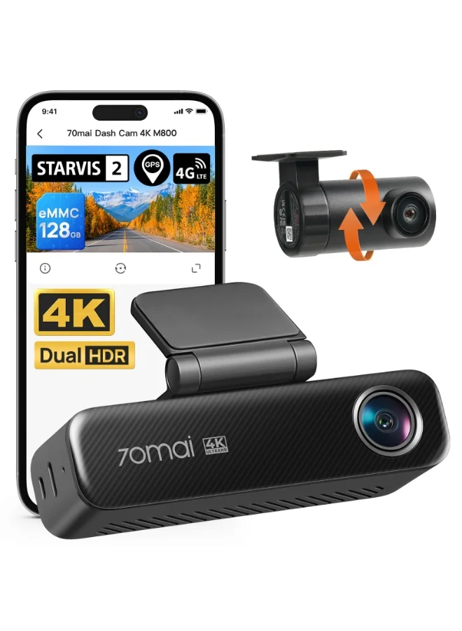 Premium 4K Dual Dash Cam M800 HDR Set with 128GB eMMC Storage, Front and Rear Recording, Super Night Vision, GPS and Parking Monitor for Cars e29ri