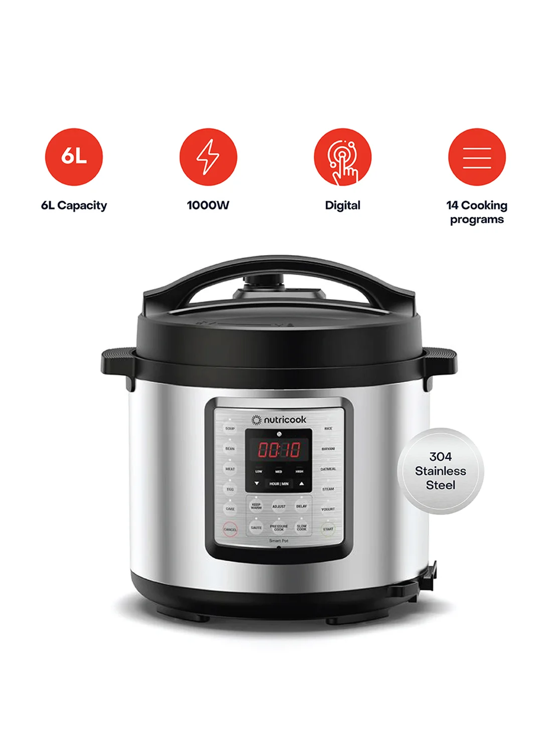 Nutricook Electric Pressure Cooker 9-in-1 Multi-Cooker with 14 Smart Programs (Silver, 6 L) b0399