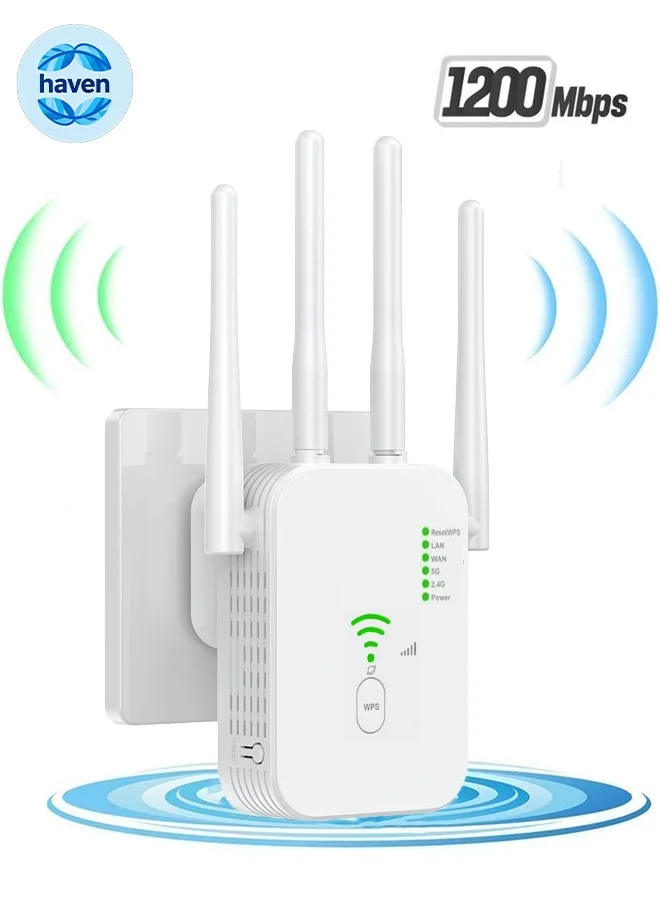 HAVEN 1200 Mbps WiFi Signal Repeater Dual Band Extender Booster (5G/2.4G, LAN/WAN Ports, Plug and Play) quhco