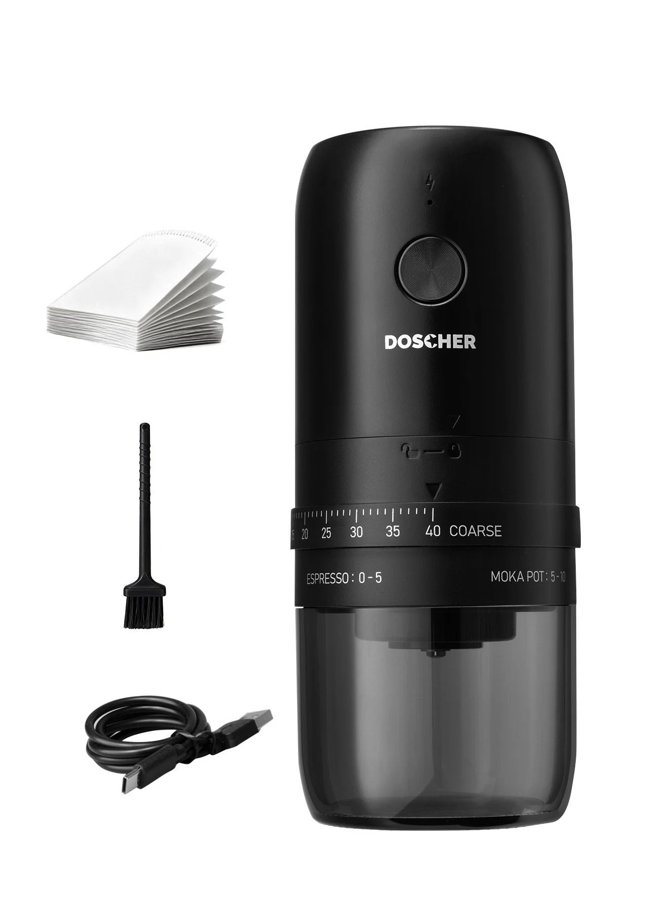 DOSCHER Portable Electric Burr Coffee Grinder with 40 Adjustable Settings and Ceramic Conical Burrs (25g Capacity, Rechargeable) urd55