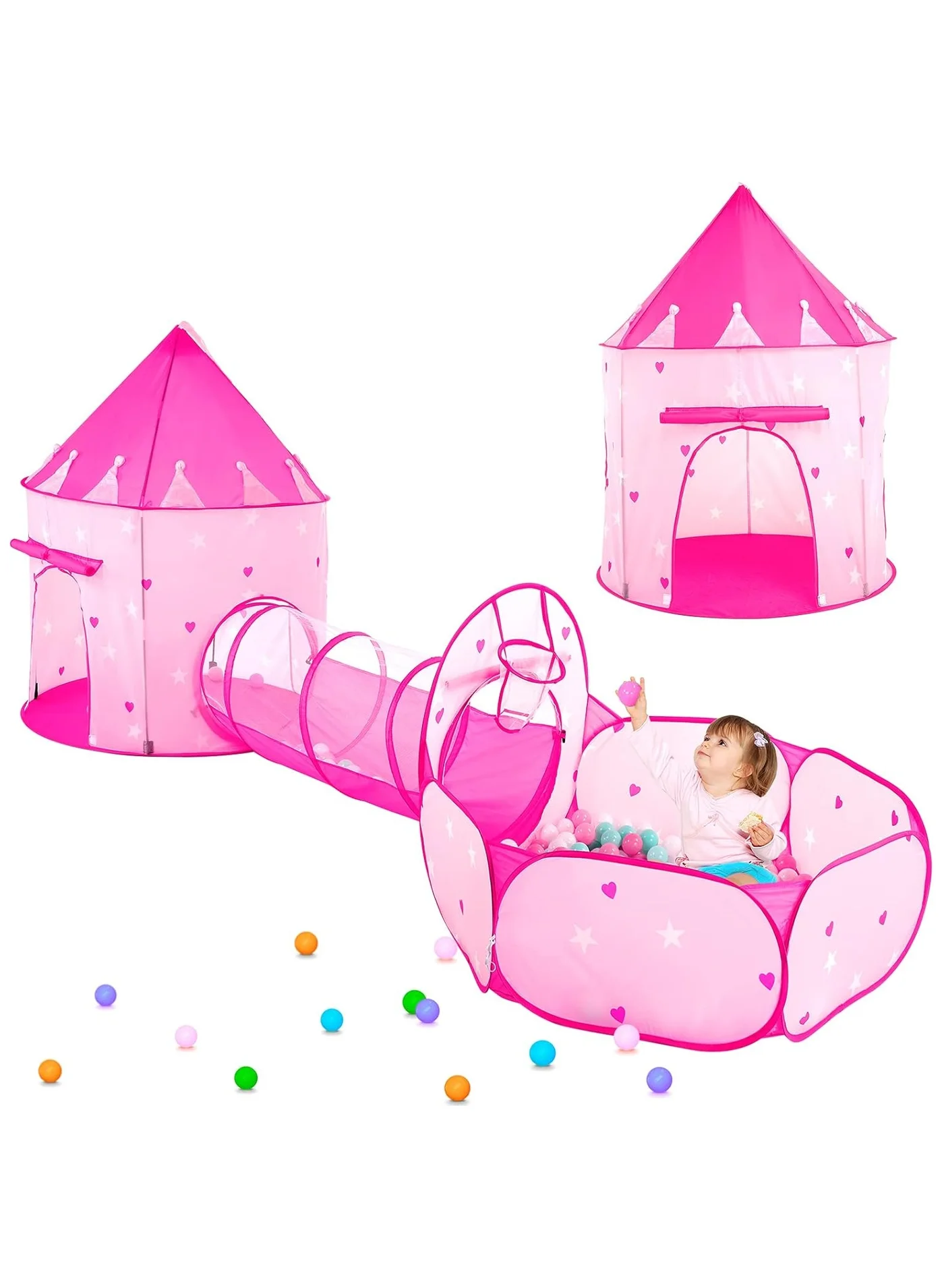 NNEWVANTE 3-Piece Kids Play Tent Set with Ball Pit and Crawl Tunnel (Pink, 3-Piece Set) dkdzw