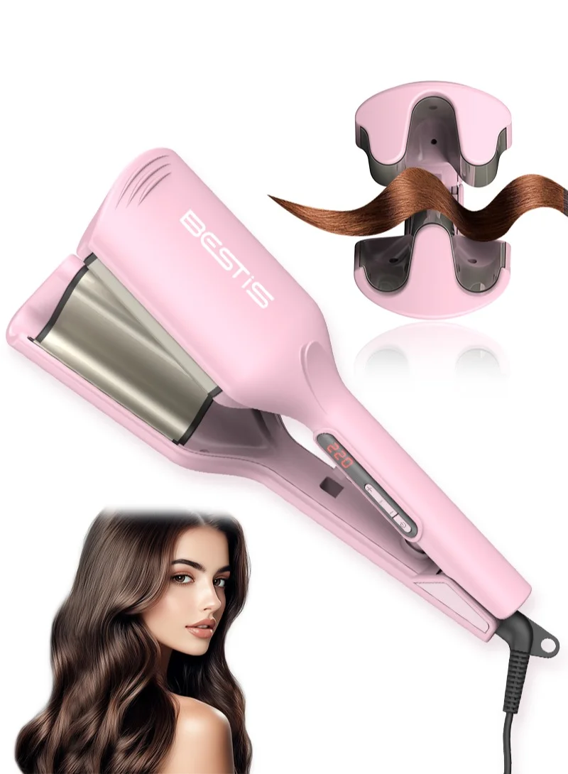 BESTIS Professional Ionic Hair Waver Curling Iron Dual Barrel Deep Wave Styler for All Hair Types (Pink, 32mm) 04gcf