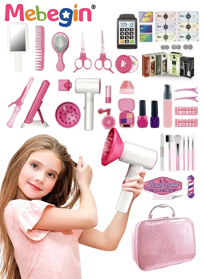 MEBEGIN Beauty Salon Play Set with Realistic Styling Accessories and Portable Travel Case (43 Pieces) wgdwr