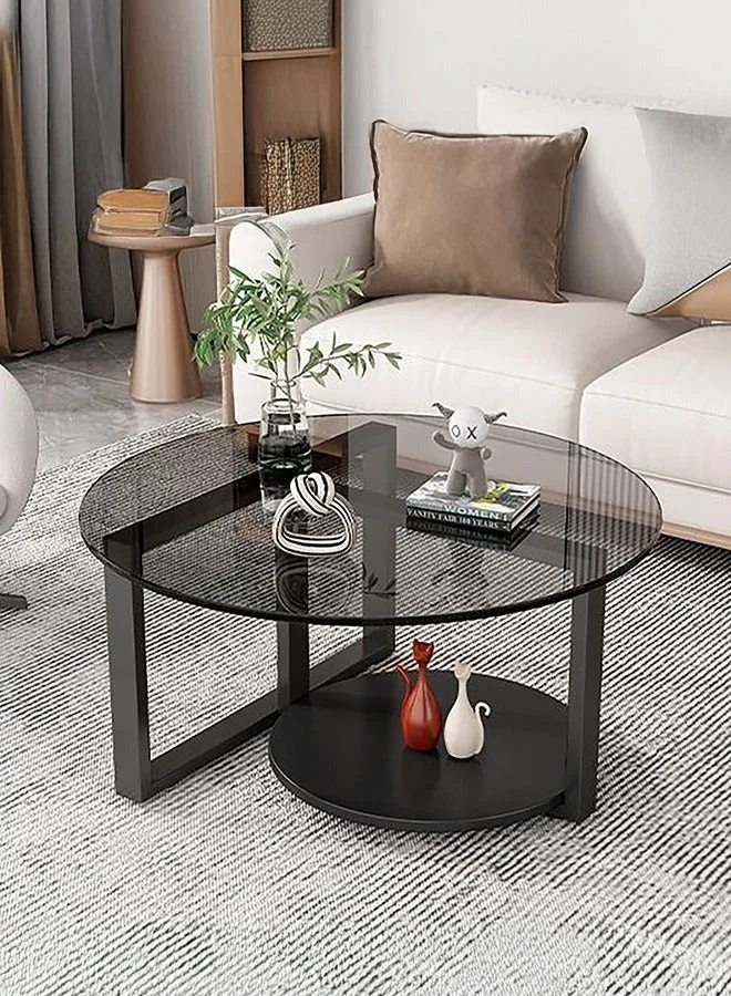 WALALLA Round Coffee Table with Storage, Premium Tempered Glass Top and Iron Frame, Modern Double-Layer Living Room Furniture (Black, 70cm) 6x85d
