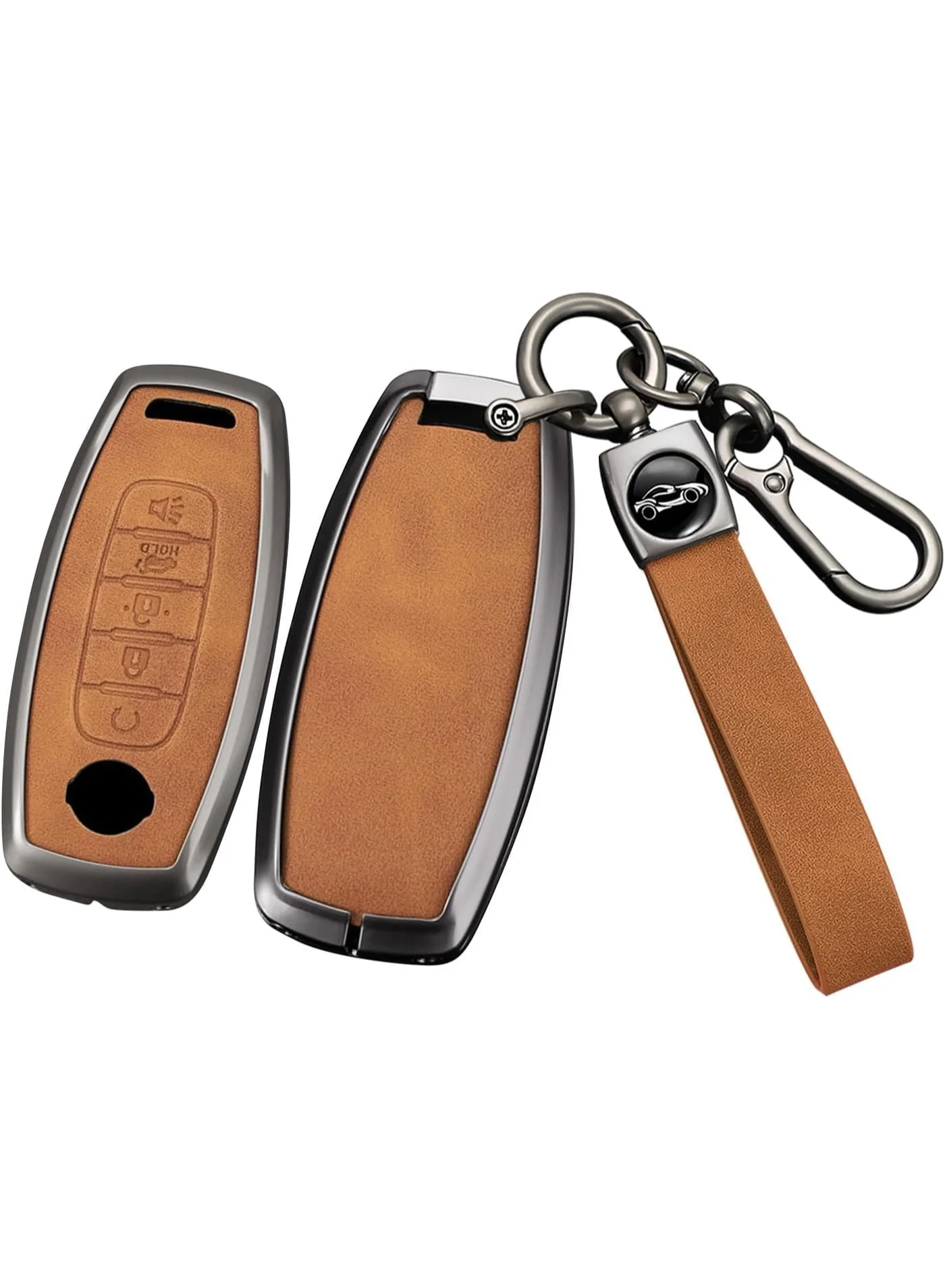 Premium Metal and Leather Key Fob Cover for 5-Button Smart Keys (Brown, 1 Piece) 9zsop