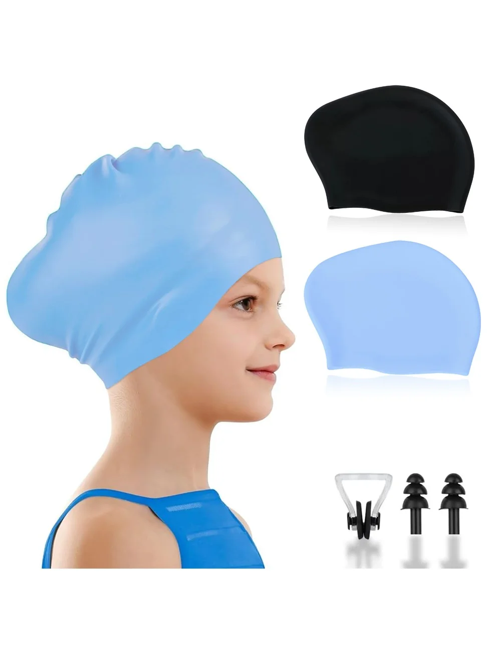 Premium Silicone Swim Cap Set for Kids with Long Hair (Black & Sky Blue, 2 Pack) su8wm