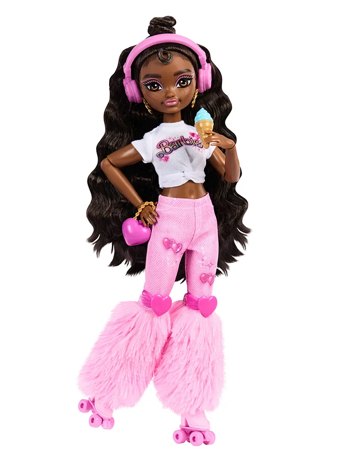Fashion Doll Brooklyn Posable Roller Skating Fashion Doll with Dark Brown Hair (9-Piece Music and Video Themed Set) xdfus